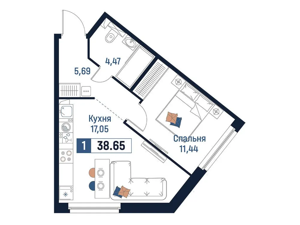 Продается 1-комнатная квартира, 38,7 м² - Фото 2