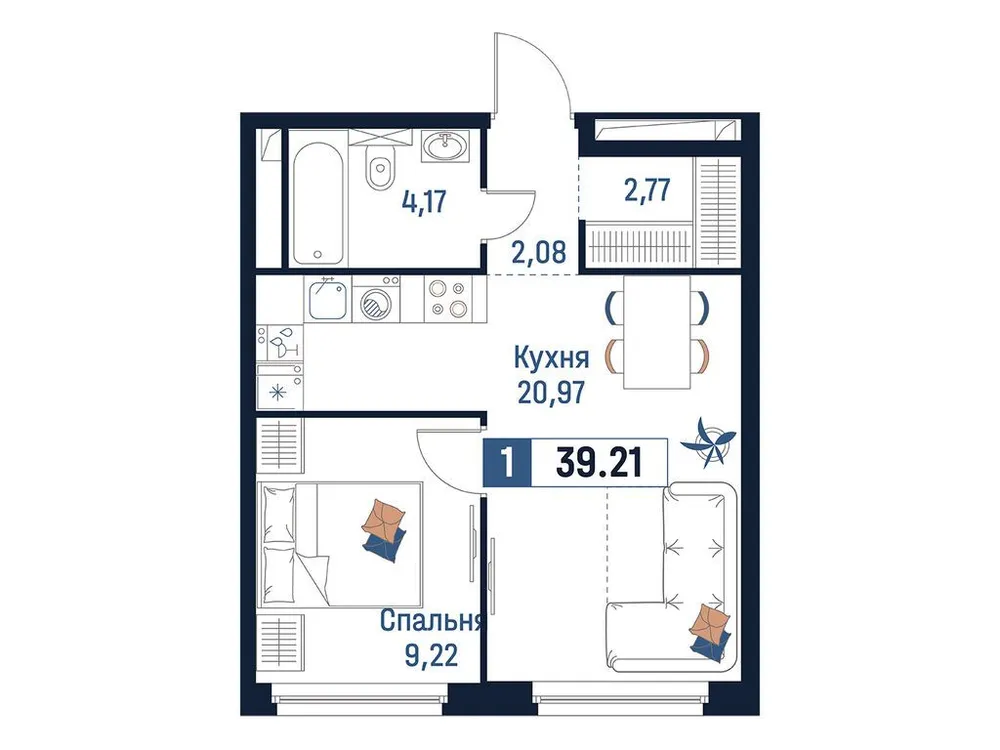 Продается 1-комнатная квартира, 39,2 м² - Фото 2