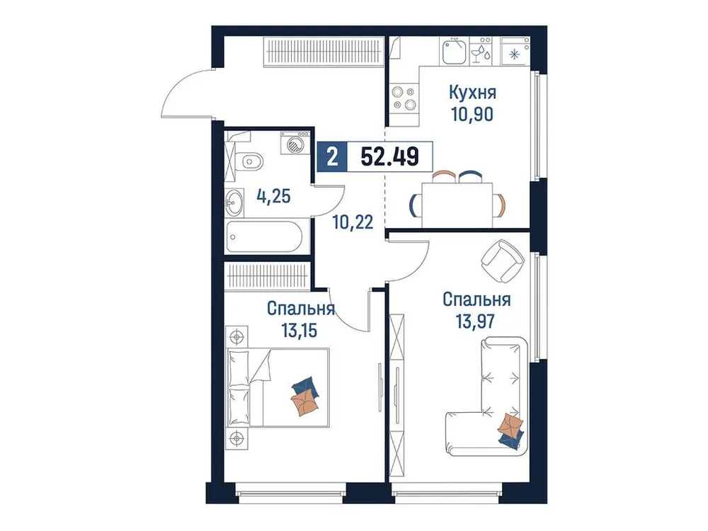 Продается 2-комнатная квартира, 52,5 м² - Фото 2