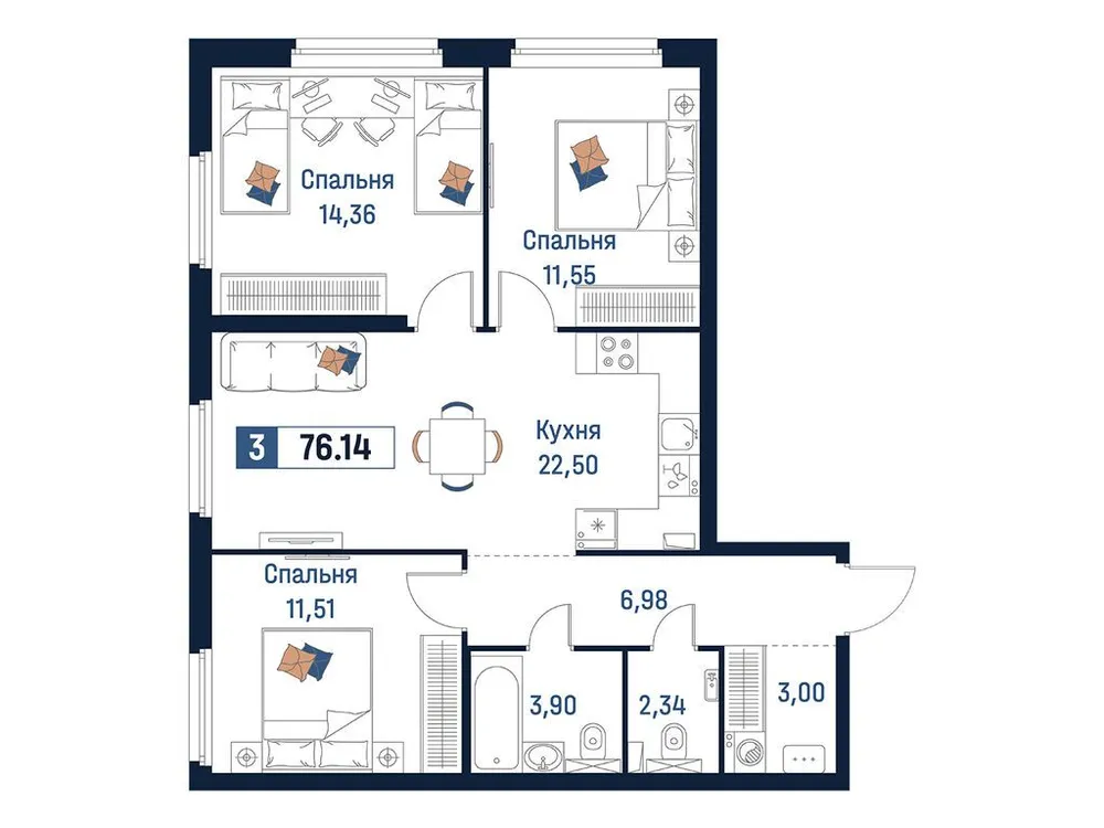 Продается 3-комнатная квартира, 76,1 м² - Фото 2