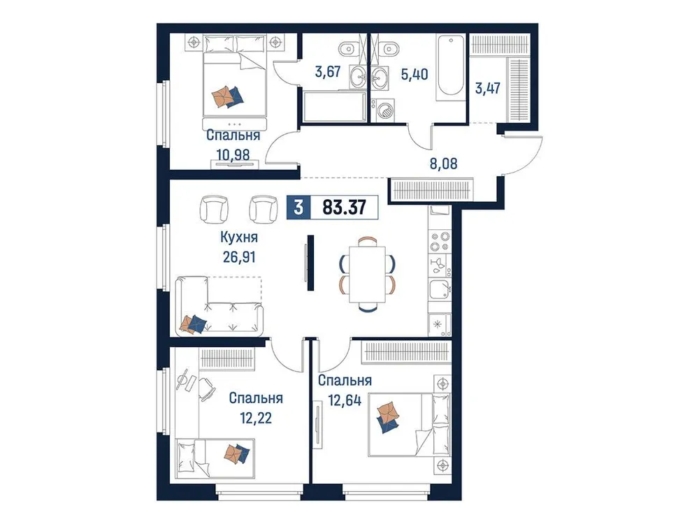 Продается 3-комнатная квартира, 83,4 м² - Фото 2