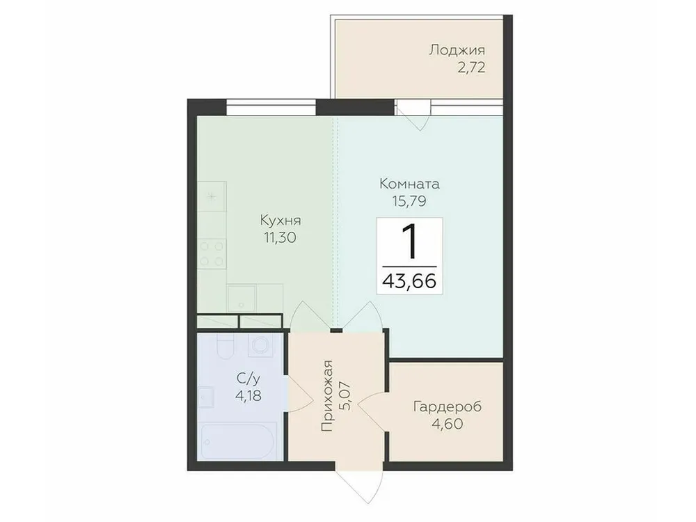 Продается 1-комнатная квартира, 43,7 м² - Фото 2