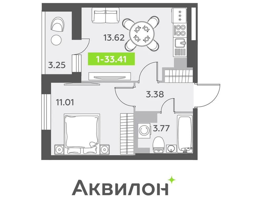 Продается 1-комнатная квартира, 33,6 м² - Фото 1