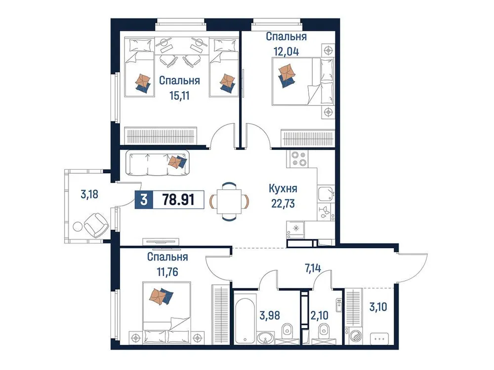 Продается 3-комнатная квартира, 78,9 м² - Фото 2