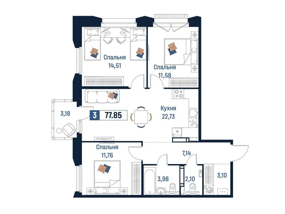 Продается 3-комнатная квартира, 77,9 м² - Фото 2