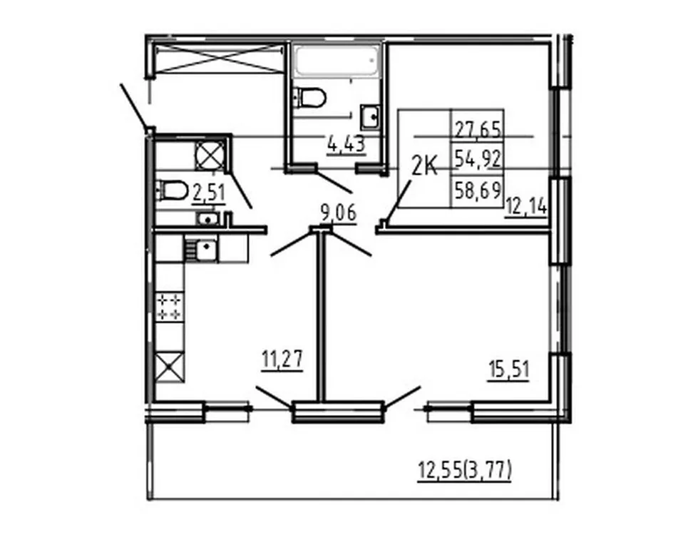 Продается 2-комнатная квартира, 58,7 м² - Фото 1