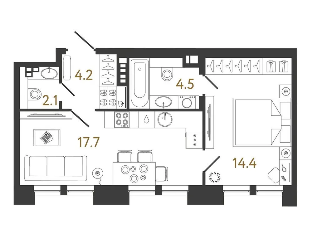 Продается 1-комнатная квартира, 42,9 м² - Фото 1