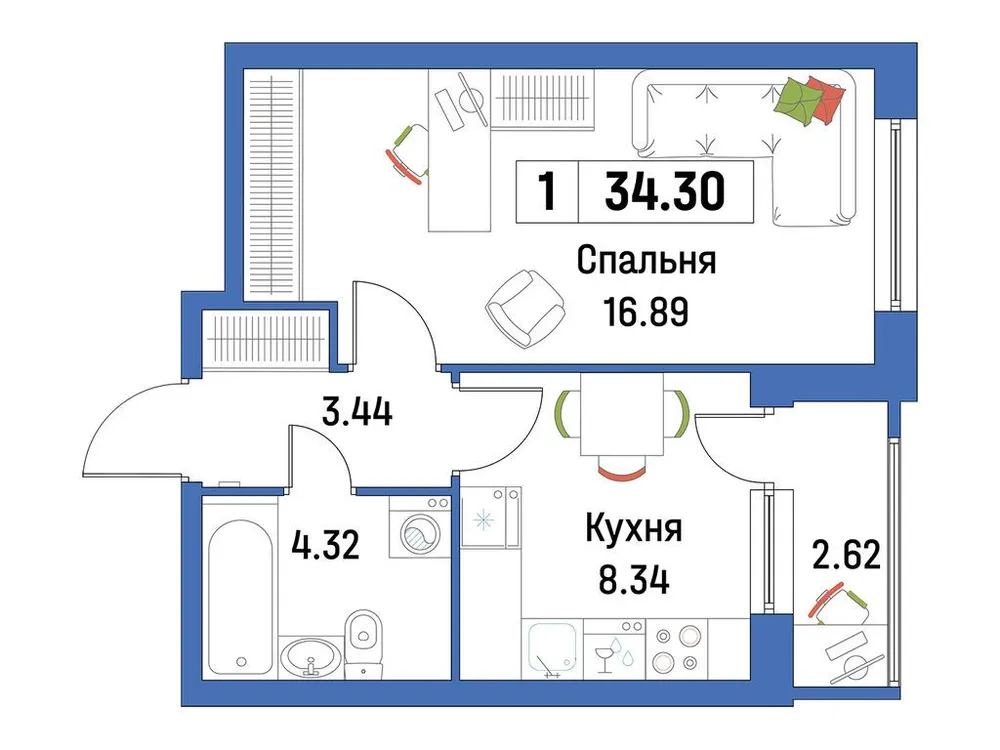 Продается 1-комнатная квартира, 32,9 м² - Фото 2