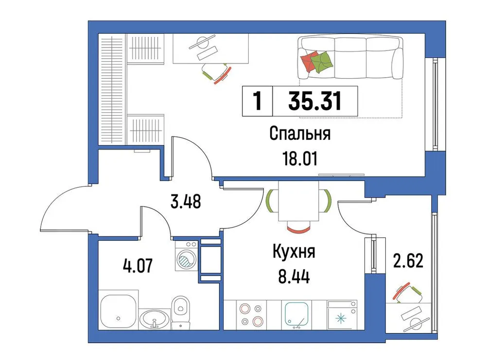 Продается 1-комнатная квартира, 33,9 м² - Фото 2