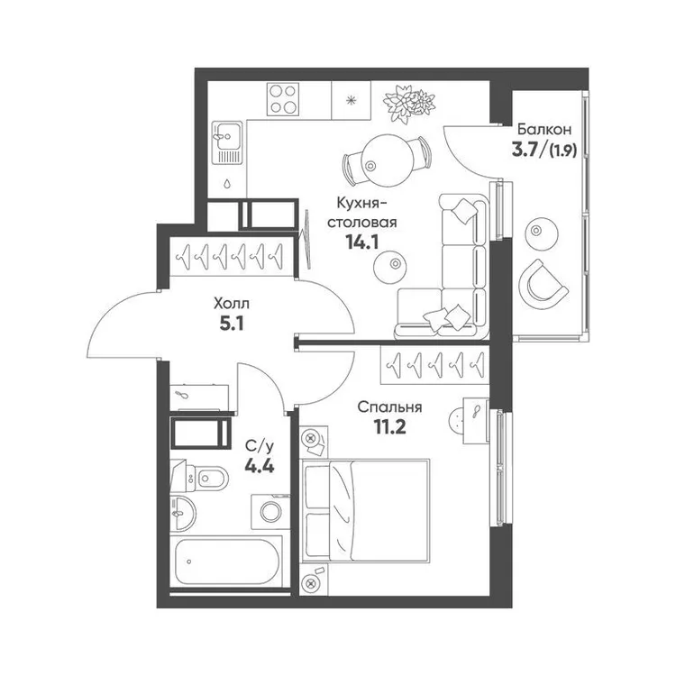 Продается 1-комнатная квартира, 36,7 м² - Фото 1
