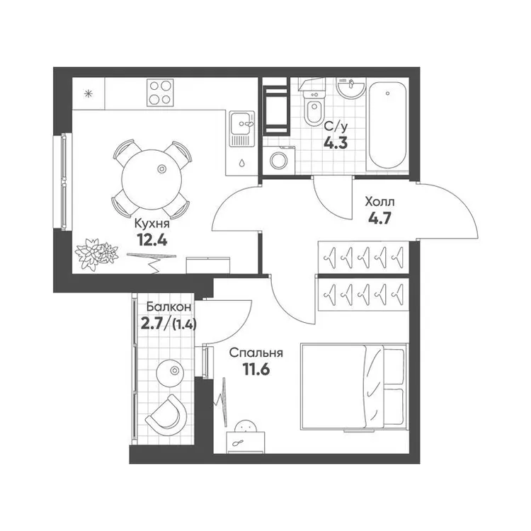 Продается 1-комнатная квартира, 34,4 м² - Фото 1