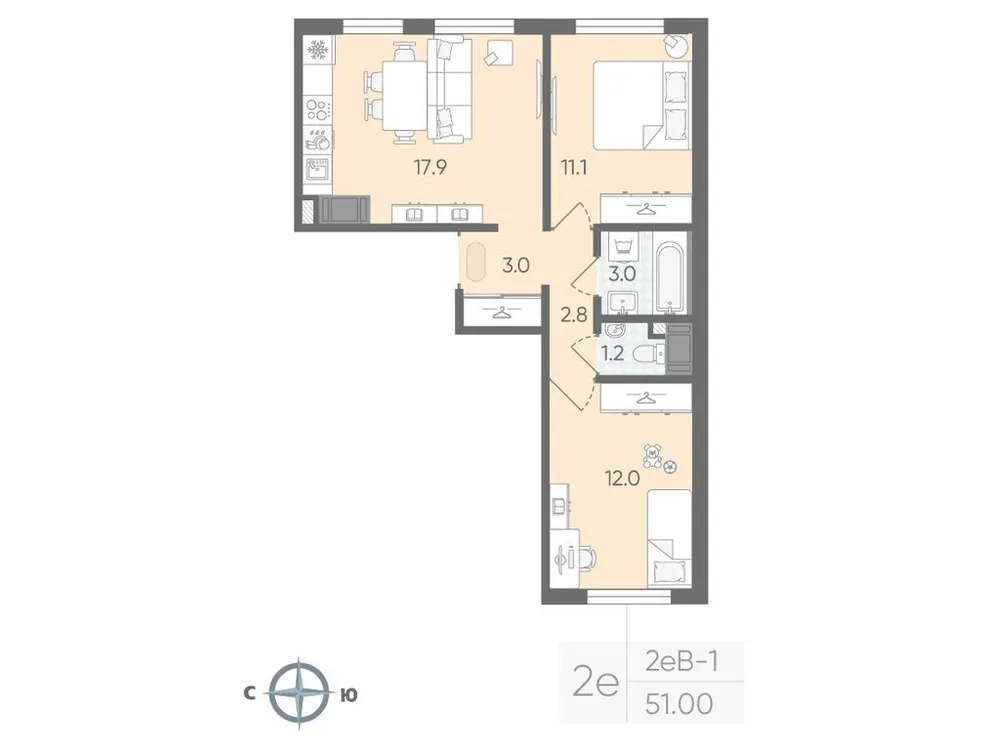 Продается 2-комнатная квартира, 51 м² - Фото 1