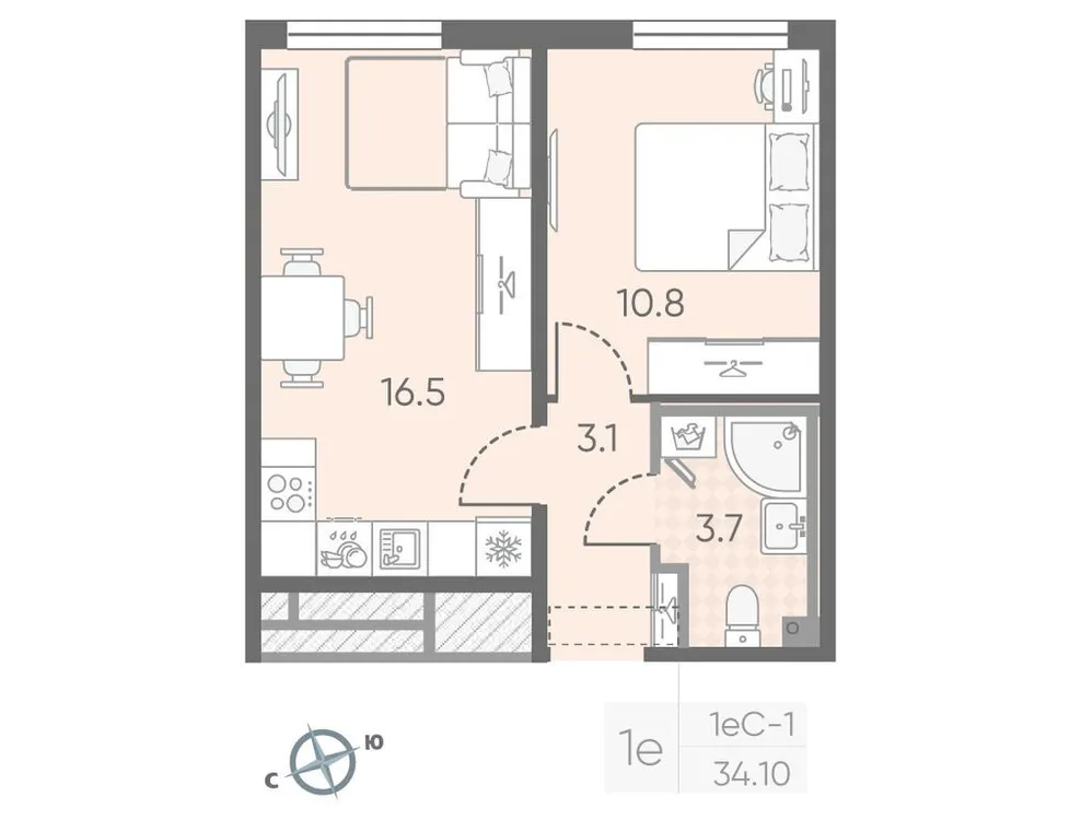 Продается 1-комнатная квартира, 34,1 м² - Фото 1