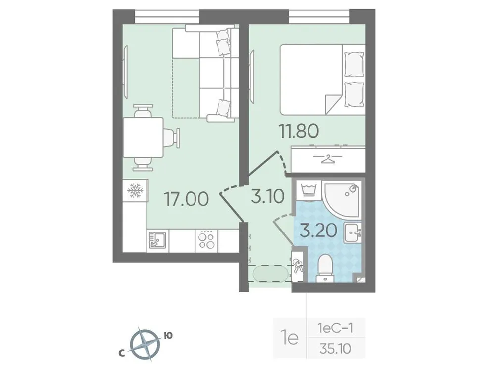 Продается 1-комнатная квартира, 35,1 м² - Фото 1